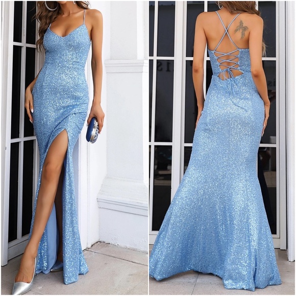 Luxe Sequin Lace up Wedding Formal Evening Prom Dress - Picture 7 of 7